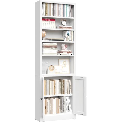 Estantería librería de metal con puerta, 60x23.4x180.34 cm, 5 niveles ajustables, blanco, industrial (1/5)