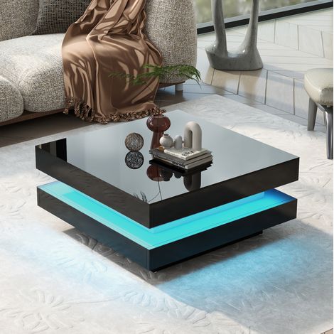 Table Basse Carrée avec LED Bluetooth App et USB, Laqué Brillant et tyle Moderne, en Panneau de Particules, 70×70×36 cm, Noir (1/5)