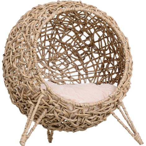 Panier surélevé pour chat, lit cosy en résine tressée imitation rotin beige, niche douillette, grand confort, Ø 52 x 58H cm, coussin moelleux inclus (1/5)