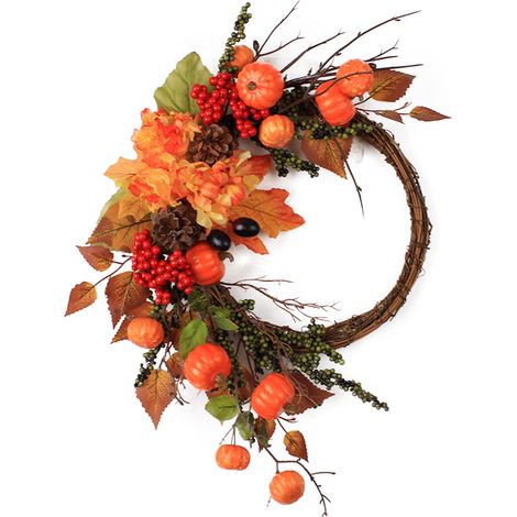 Guirlande De Porte - Branches Séchées Et Feuilles Naturelles - Pour Décoration De Thanksgiving Et Fêtes - 60 X 35 Cm - 1 Pièce (1/4)