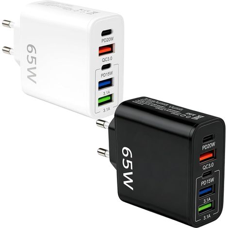 Lot de 2 Chargeurs USB C 65W à 5 Ports avec 2 USB C PD 3 USB A QC3.0 PD20W Prise USB Multiple USB Plug Fast Charger Adaptateur Secteur Compatible avec 17/16/15,Pad (1/5)