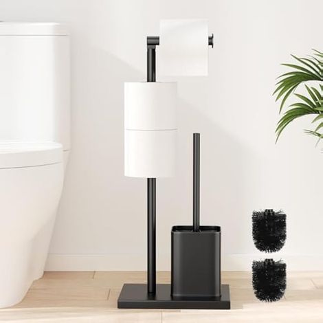 Porte-rouleau de toilette en acier inoxydable avec brosse - Support autoportant, Susswiff porte-papier toilette et brosse, noir mat