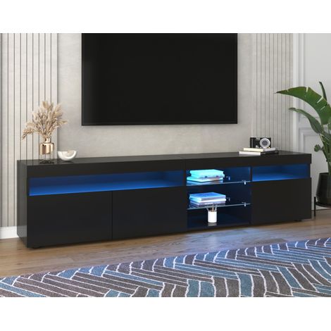 TV-Möbel 180 x 35 x 48 cm mit LED – 3 Türen und Glasablagen – Moderne TV-Bank im Wohnzimmer-Design – MDF – Schwarz Hochglanz (1/5)