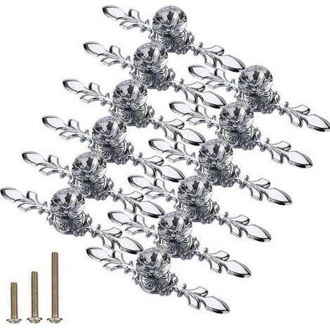 Poignées décoratives en cristal clair taillé en diamant - pour tiroirs, coiffeuses, etc. - Lot de 12, argentées, 12 cm de long (1/4)