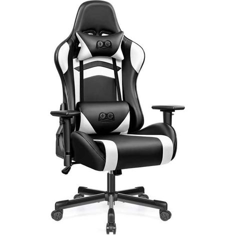 Chaise de gaming ergonomique, inclinaison à 155°, rotation à 360°, appuie-tête, Accoudoirs Réglables en Hauteur, Cuir PU, noir et blanc