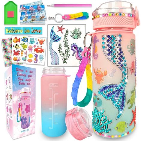 1 Gobelet à peindre, Autocollants licorne sirène, Porte-clés anti-stress, Étanche silicone, Cadeau fille 4-10 ans (1/5)