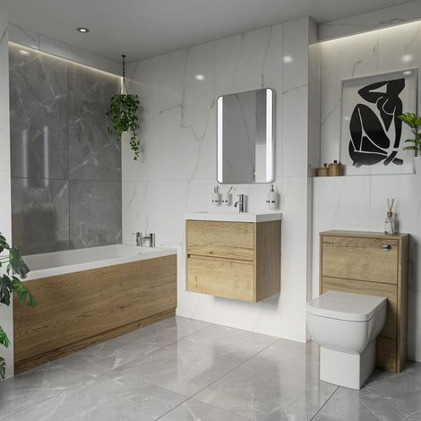 Barton 1500mm x 700mm Slim Edge Straight Single Ended Bathroom Suite including Autumn Oak Furniture Set with Slim Edge Basin (1/5)
