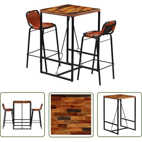 The Living Store Bar-Set 3-tlg. Altholz Massiv und Echtes Ziegenleder - Esszimmermöbel - Bar-Set - Bartisch - Barhocker - Altholz (1/5)