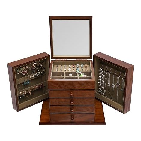 Grande boîte à bijoux en bois vintage à 5 niveaux avec miroir, boîte de rangement pour montres, épingles à cheveux, boucles d'oreilles, bagues, bracelets et colliers, 30 x 20 x 25 cm (1/5)