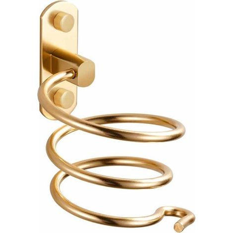 Support pour sèche-cheveux mural spiralé, avec rangement pour le cordon, support en aluminium perforé, accessoire de salle de bain, doré.