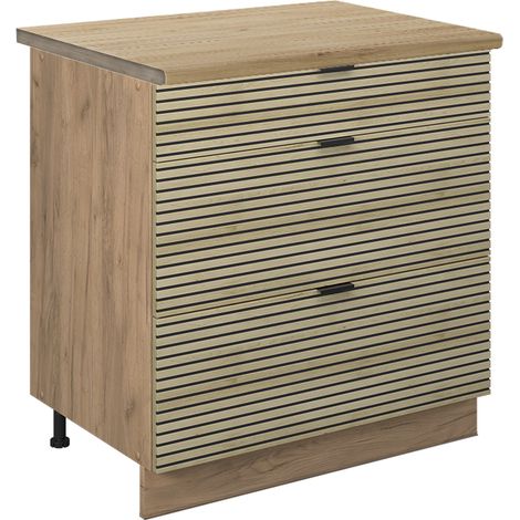 Mobiletto base per cucina Fame-Line, Pannello in quercia, 80 cm con 3 cassetti, PL Rovere, Vicco