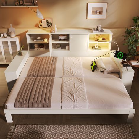 Cama con almacenamiento de 90x200 cm, color blanco – sofá cama con cama extraíble, cama de madera con puertas dobles y puertos USB/USB-C – cama doble y cama juvenil que ahorran espacio (sin colchón)