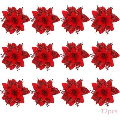 Fleurs de Noël, 12 Fleurs de Noël à Paillettes, Fleur de Noël à Paillettes Creuses, Poinsettia Arbre de Noël Fleurs Artificielles Décor Ornement, Décoration,Noël (Red-B) (1/5)