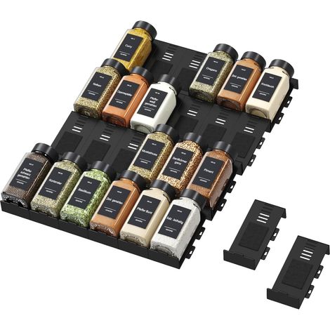 Rangement d'Épices pour Cuisine, 24 Pièces Sans Bocaux, Étagère à Pot Epices de Tiroir Colocalisable et Antidérapants, Organisateur Réglable de Stockage pour Salle à Manger, Noir (1/5)