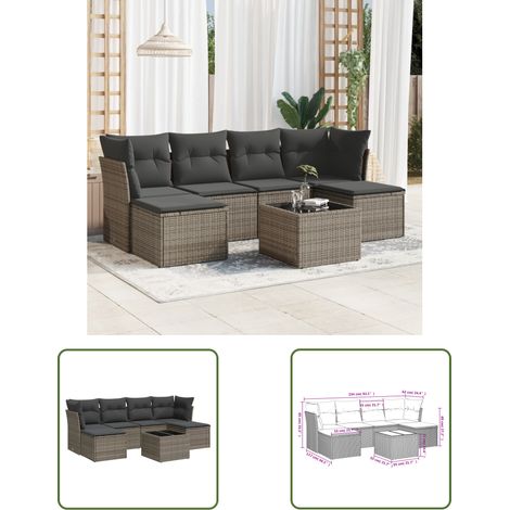 The Living Store Salon de jardin avec coussins 7 pcs gris résine tressée - Ensemble Salon De Jardin - Mobilier De Jardin - Résine Tressée - Rotin Synthétique - Chaise De Jardin (1/3)