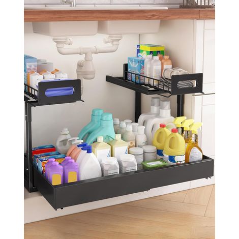 Under Sink Storage Metal, 2 Levels  Adjustable Height Drawer for Kitchen Bathroom Cabinet Cupboard Drawer Expandable Organizer (1/5)