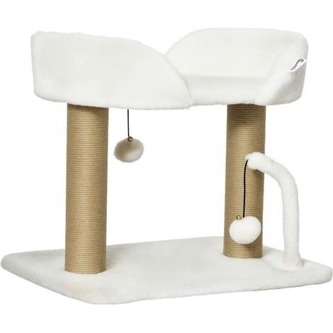 Designer cat tree with scratching post, toy, 2 hanging pom-poms, 2 sisal posts, plush sisal platform, 48 x 38 x 42 cm, beige (1/5)