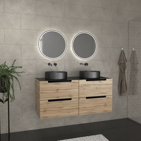 Mobile bagno 120cm effecto Rover e Nero, lavabi rotondi Ø36cm e specchi Black Led Ø50cm - OMEGA