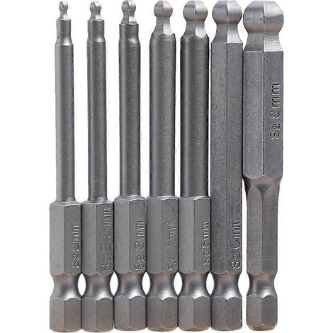 Jeu de 8 embouts de tournevis hexagonaux à tête sphérique en acier S2, tailles H2, H2.5, H3, H4, H5, H6 et H8. (1/5)