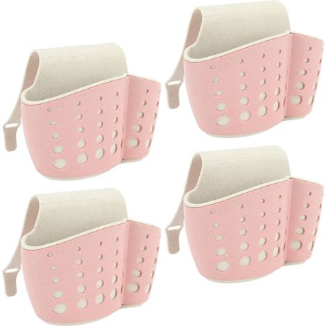 Lot de 4 porte-éponges pour évier, en PP, à 2 niveaux avec sangle réglable et égouttoir intégré, pour cuisine et salle de bain, rose. (1/5)