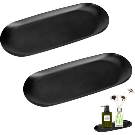 SABIR Plateau de Rangement Ovale en Acier Inoxydable, 2PCS Plateau Noir Ovale, Plateau à Bijoux en Acier Inoxydable, Plateau de Rangement Ovale pour Bijoux Cosmétiques Bougies Fruits Thé, (1/5)
