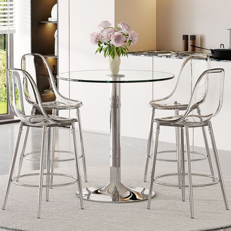 Ensemble bar modulable : table en verre 89 cm + 4 tabourets transparents – idéal cuisine ouverte, design scandinave, métal argenté, repose-pieds (1/4)