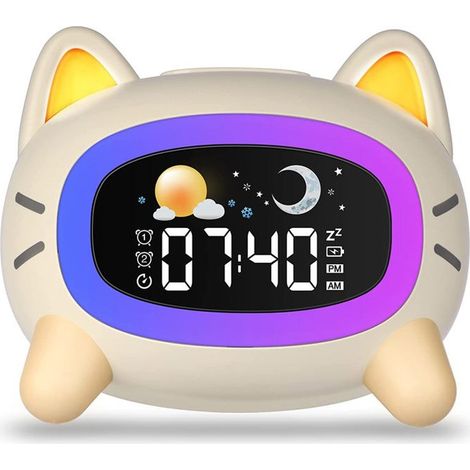 Réveil Numérique - - Horloge de Chat - 5 Lumières - 7 Sons - Double Alarme