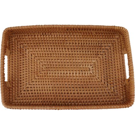 Plateau de service rectangulaire en rotin avec poignées, grande capacité et résistant, idéal pour les fruits, les desserts et la cuisine. (1/5)