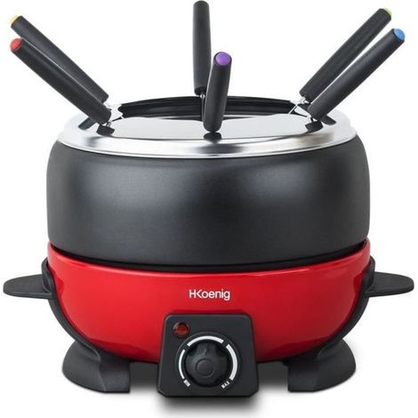 Appareil à fondue 2L – Thermostat réglable 25°C à 190°C – Couvercle anti-projections avec support – 6 fourchettes incluses – Hkoenig