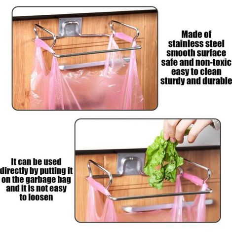 Lot de 2 Supports de sacs poubelle, Acier inoxydable, Suspension évier, Rangement cuisine salle de bain (1/4)