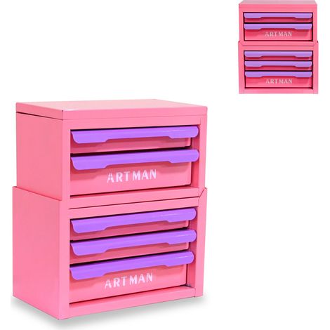 Scatola organizer da scrivania con 5 cassetti in acciaio rosa e viola (1/5)