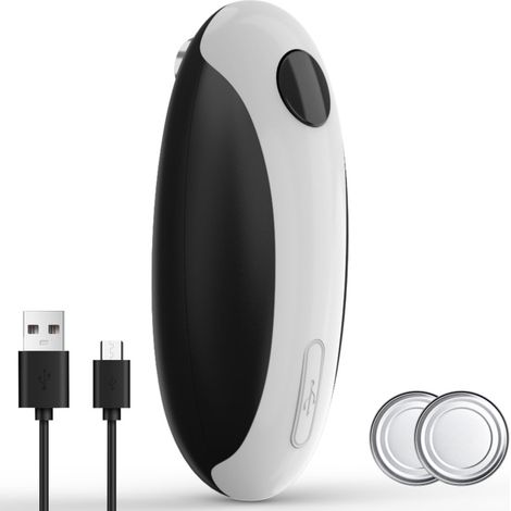 Ouvre-boîte électrique en acier inoxydable, modèle noir et blanc, rechargeable par USB, compatible avec des boîtes de conserve de différentes tailles. (1/5)