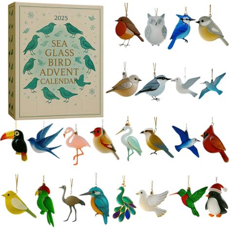 Calendrier de l'Avent de Noël en verre de mer avec oiseaux, décoration acrylique 2D, 24 jours, thème oiseaux, pour la maison (1/5)