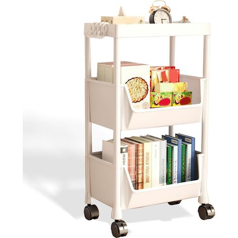 Chariot utilitaire roulant à 3 niveaux avec roues et 4 crochets pratiques, organiseur de rangement pour cuisine, salle de bain, chambre, bureau (blanc cassé) (1/5)