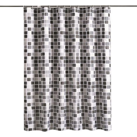 Lntyq Rideau de douche anti-moisissure, rideau de douche 180x200 cm, rideau de douche en tissu polyester, rideau de bain imperméable, lavable en machine, avec 12 crochets, mosaïque noir blanc gris