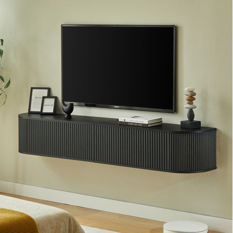 Meuble TV mural flottant 180 cm, grand espace de rangement, passe-câbles, noir HAVRYA (1/5)