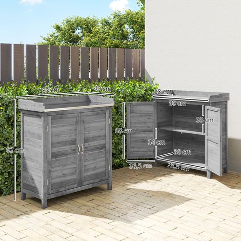 Armoire de jardin avec table de rempotage, abri à outils en bois avec plan de travail galvanisé et 2 étagères, gris (1/5)