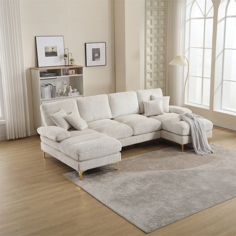 Fortuna Lai – Canapé d'angle 4 places en tissu chenille beige – Dimensions 272x136x88cm – Design moderne en forme de U – Structure en bois massif (1/5)