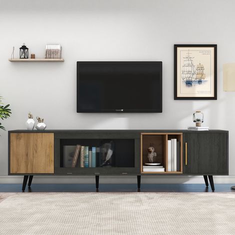 Meuble TV 200 cm gris et bois foncé, porte abattante en verre strié, rangements, passe-câbles, pour TV jusqu'à 90 pouces (1/5)