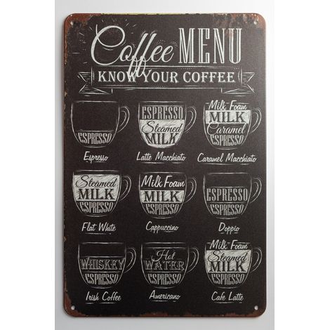 Cartello metallico con la scritta "Menu del caffè - Conosci il tuo caffè"