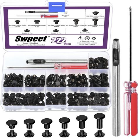 Lot de 110 Rivets Chicago en Cuir Noir de 6 Tailles M5 x 5 mm/6 mm/8 mm/10 mm/12 mm avec Kit d'Outils d'Installation, Rivets à Vis M5 Chicago (1/5)