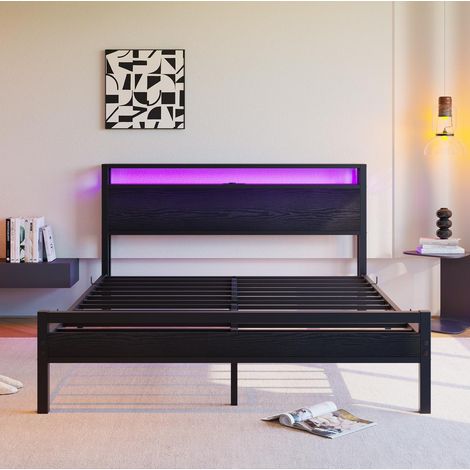 Cama canapé 140 x 190 cm de metal y MDF negro con USB, LED y almacenaje en cabecero (1/5)