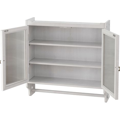 Armoire murale vintage 60 cm à double porte en bois massif et verre avec 3 étagères et porte-serviettes blanc vieilli (1/5)