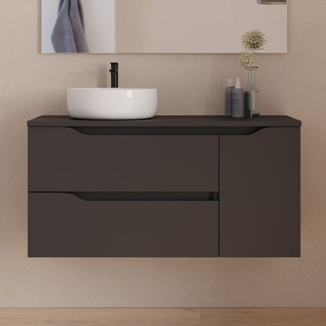 Meuble de salle de bain 100cm avec plateau et vasque à poser déportée à gauche Ares - sans miroir - 2 tiroirs et un placard - noir - ZARZA