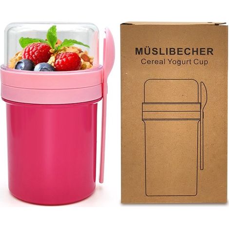 Taza de desayuno - 450 ml + 250 ml - Taza con cuchara - Vaso para llevar de cereales - Morado (1/5)