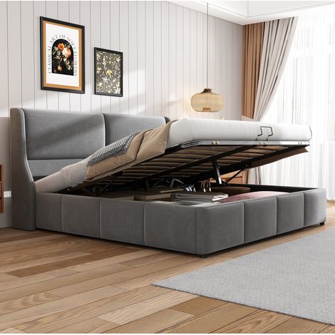 Lit coffre 180x200 en velours gris avec sommier HAVRYA (1/5)