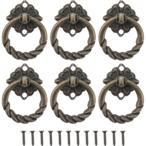 Lot de 6 poignées anneaux de porte et tiroir de placard de cuisine style rétro vintage - Taille L (laiton antique) (1/5)