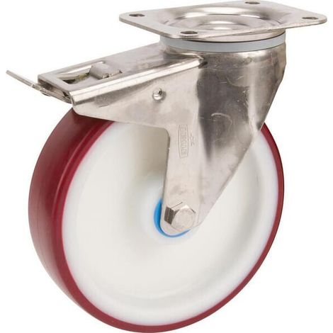 Rueda industrial giratoria en poliuretano: di谩metro125 x 32 mm placa soporte acero inoxidable con freno: 105 x 85 mm. (1/3)