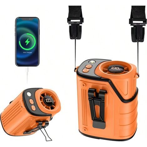 Ventilateur Portable Sans Mains avec Lampe LED, Ventilateur Rechargeable pour Chantier-Orange (1/5)