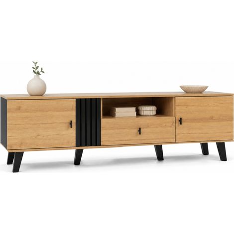 Meuble TV 170 cm en verre et panneau de particules, avec 2 portes, niche et tiroir, design bois clair et noir pour salon moderne et organisé - CHICFURN (1/5)